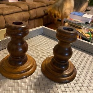 Pair of Turned Wooden Candlesticks in Warm Brown